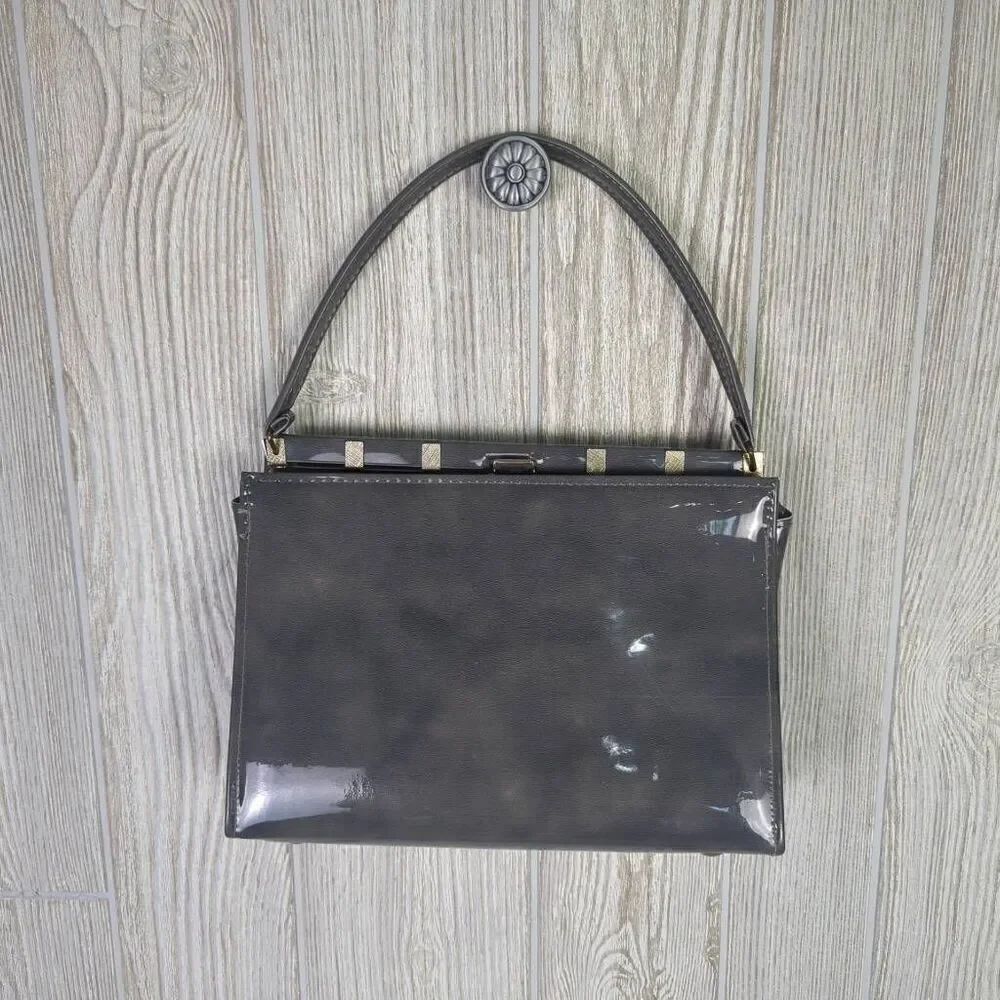 Vintage Mr Mart Womens Patent Leather Handbag Purse Gray Single Handle 11"x12"